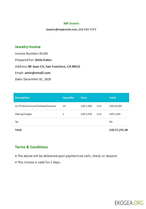 Modèle de facture de bijoux